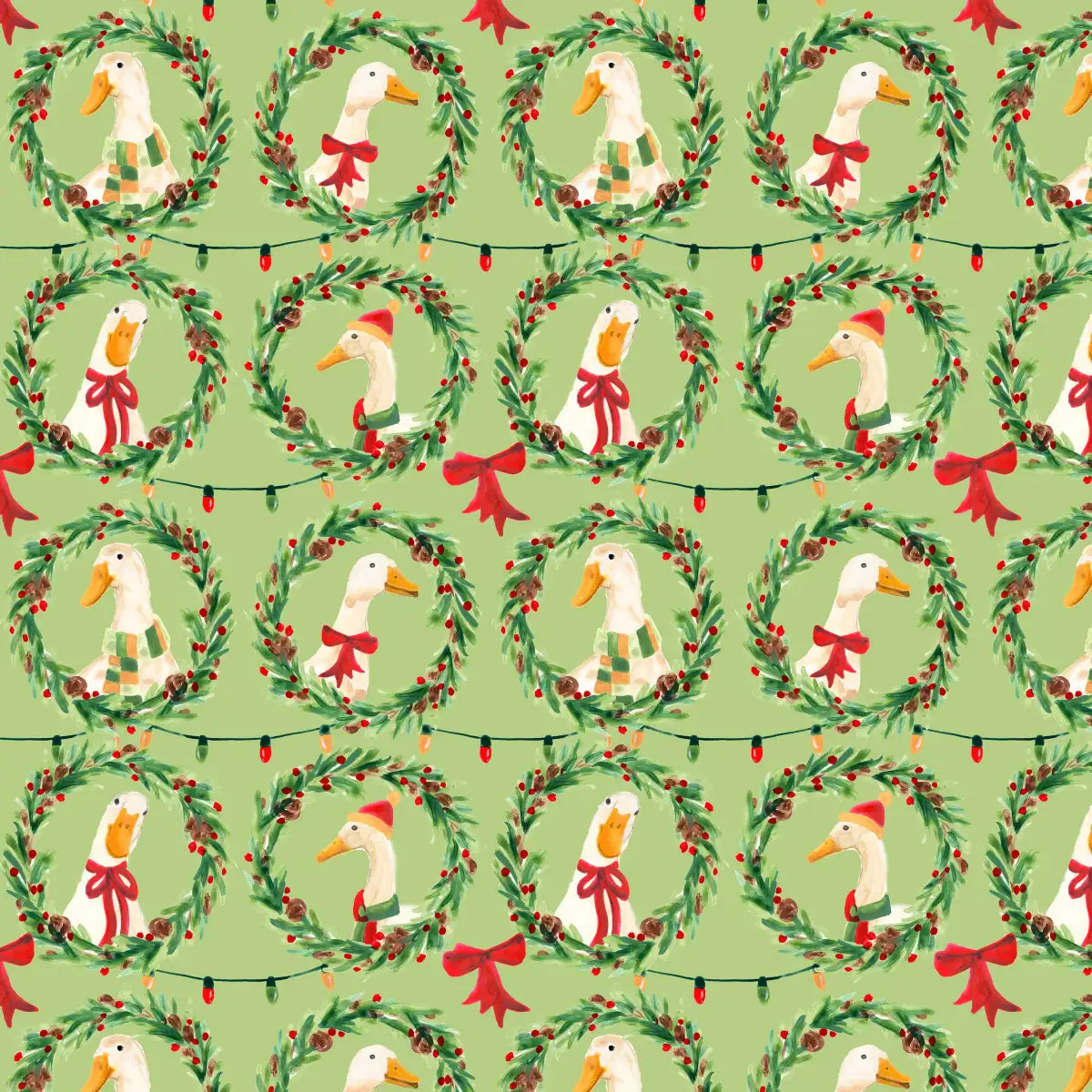 Christmas Geese Wreath Pattern on Green Wall Art, colour and tone detail