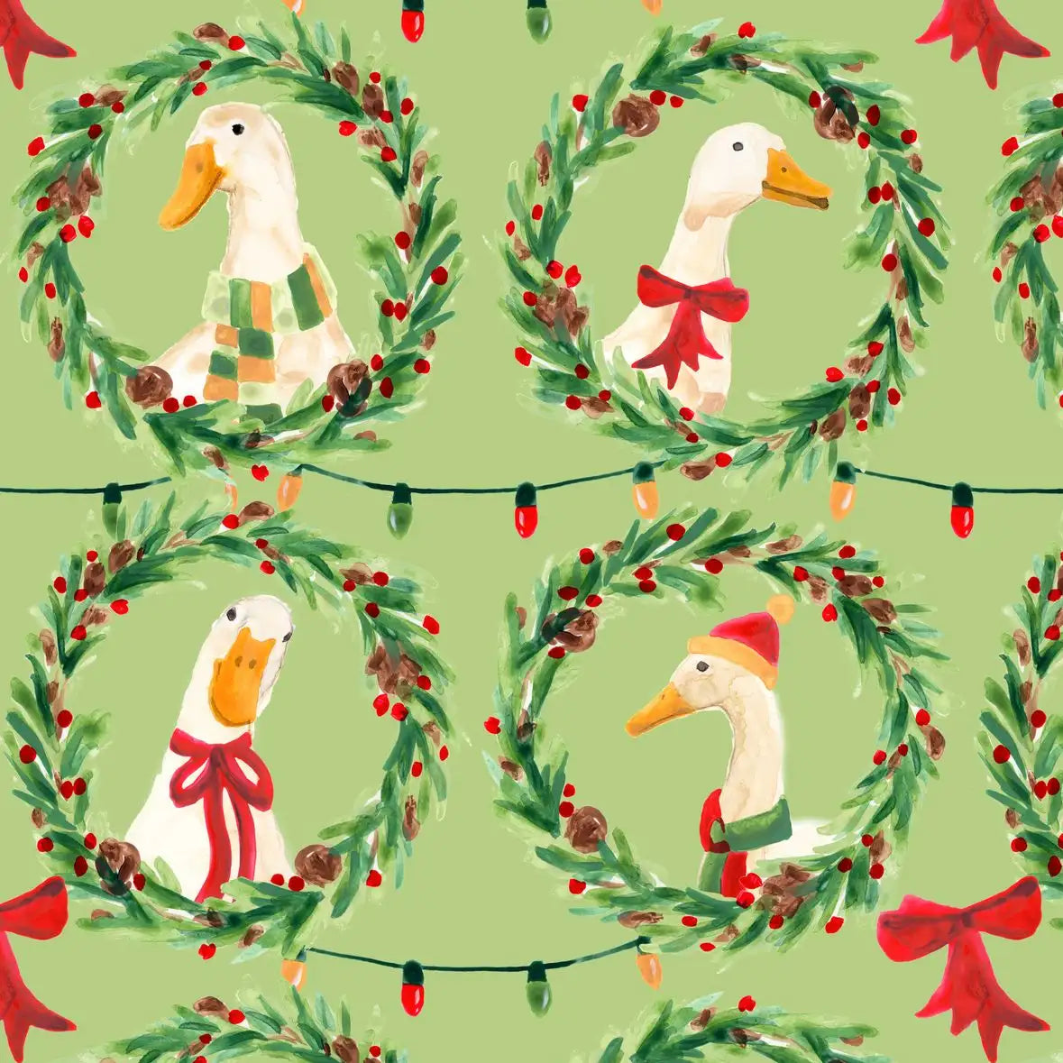 Christmas Geese Wreath Pattern on Green Wall Art, hung above a console