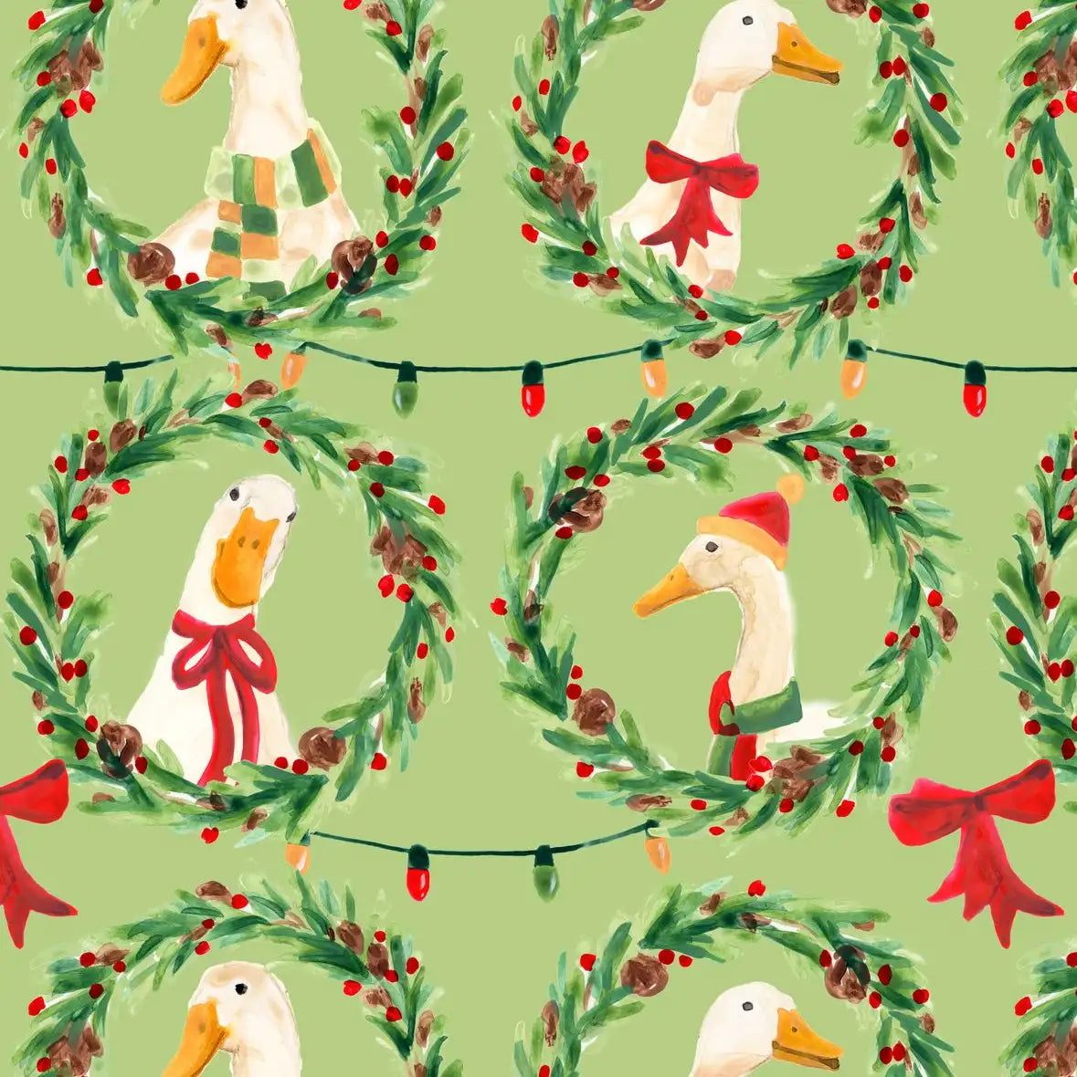 Christmas Geese Wreath Pattern on Green Wall Art, held for scale