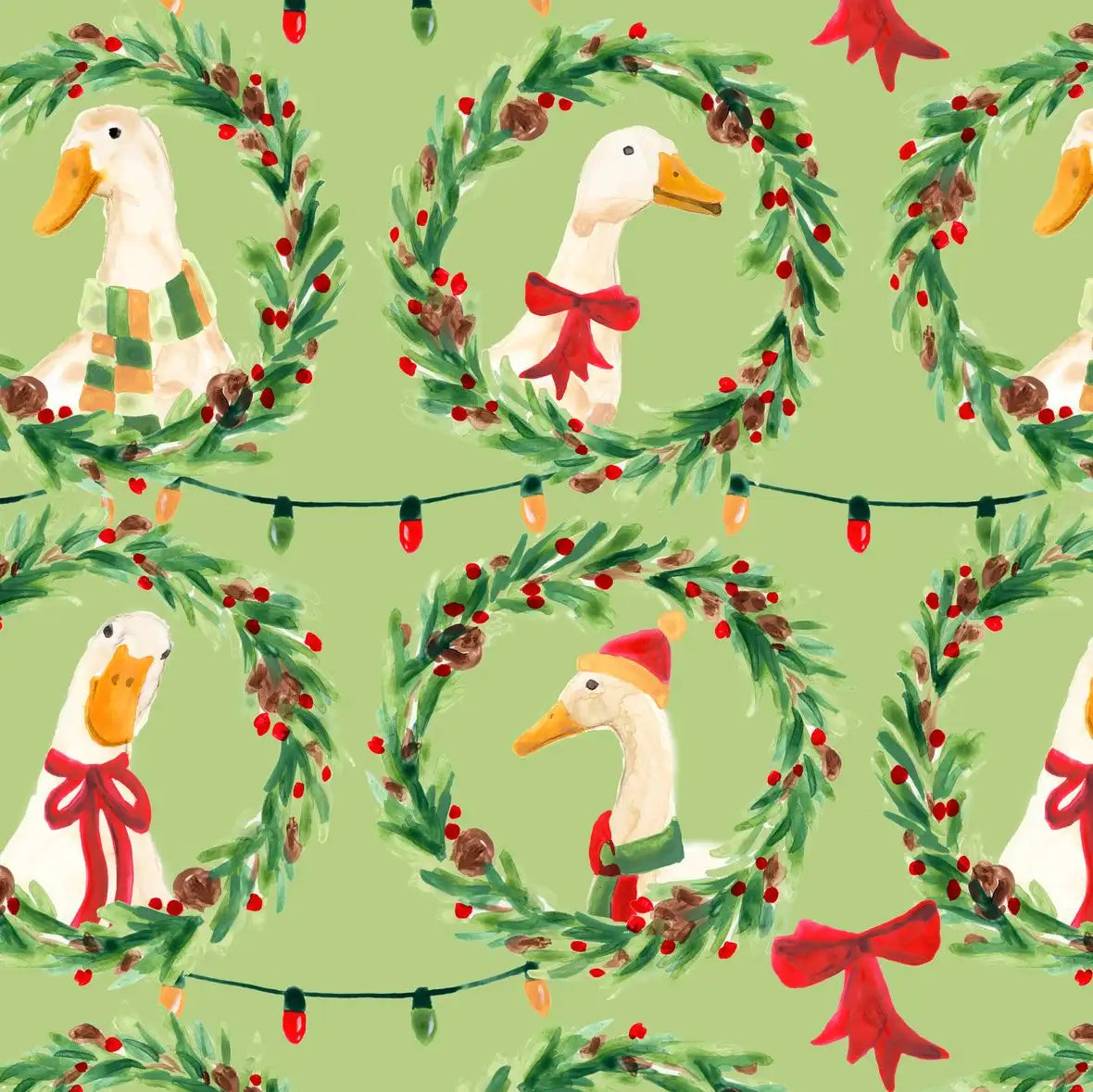 Christmas Geese Wreath Pattern on Green Wall Art, single panel view