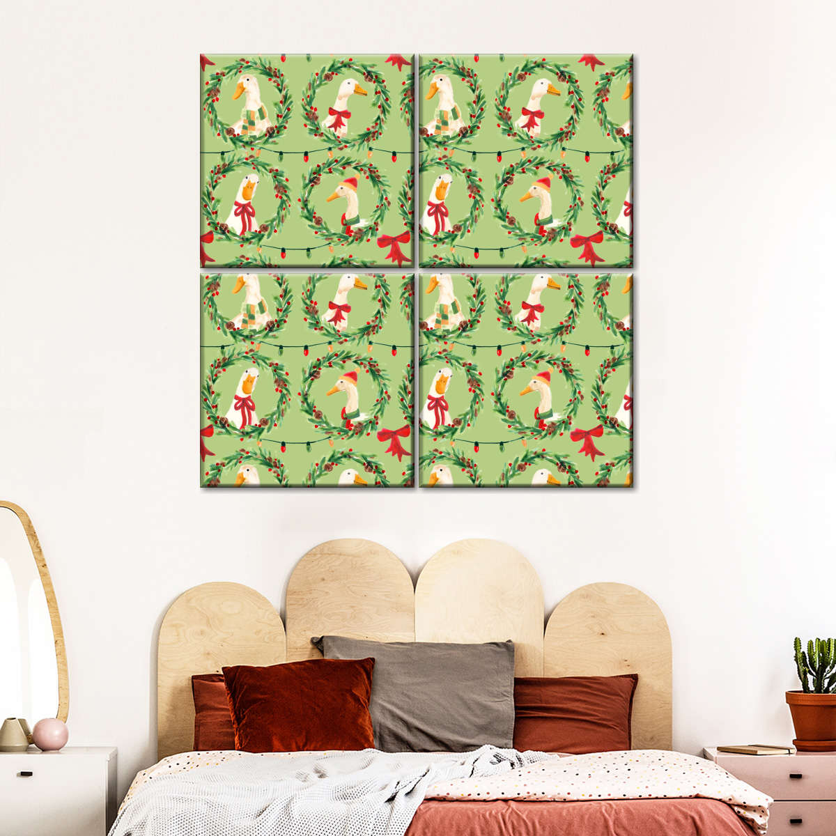 Christmas Geese Wreath Pattern on Green Wall Art, styled in a bedroom