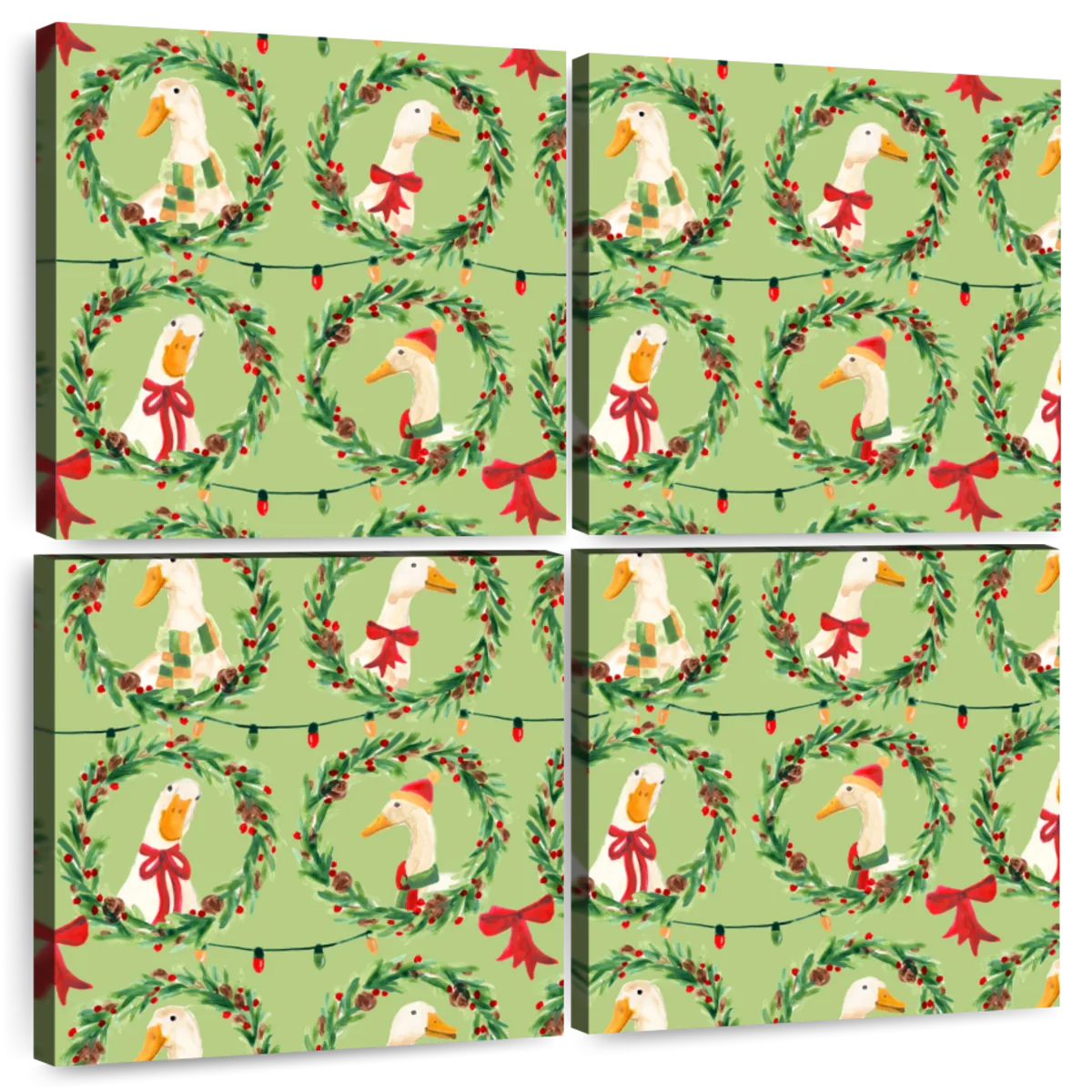 Christmas Geese Wreath Pattern on Green Wall Art, corner and edge detail