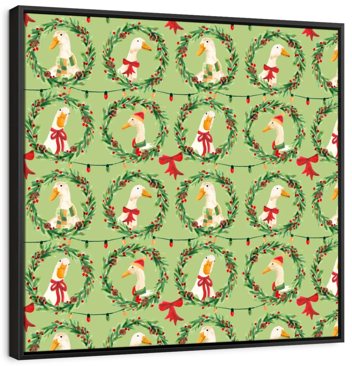 Christmas Geese Wreath Pattern on Green Wall Art, floating frame view