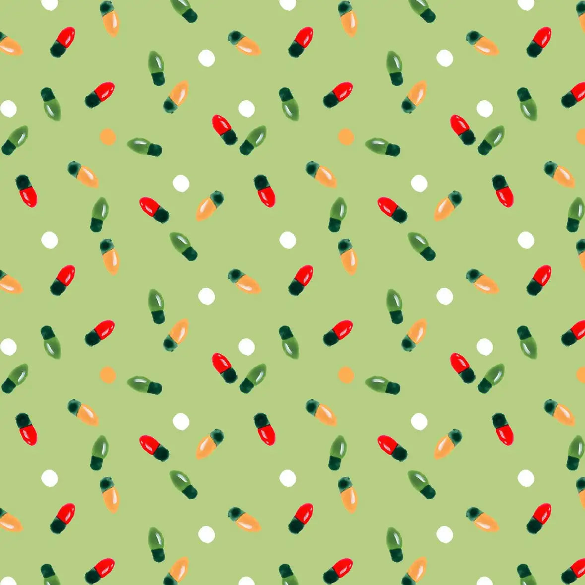 Christmas Lights Scatter Pattern on Sage Green Wall Art, hung above a console
