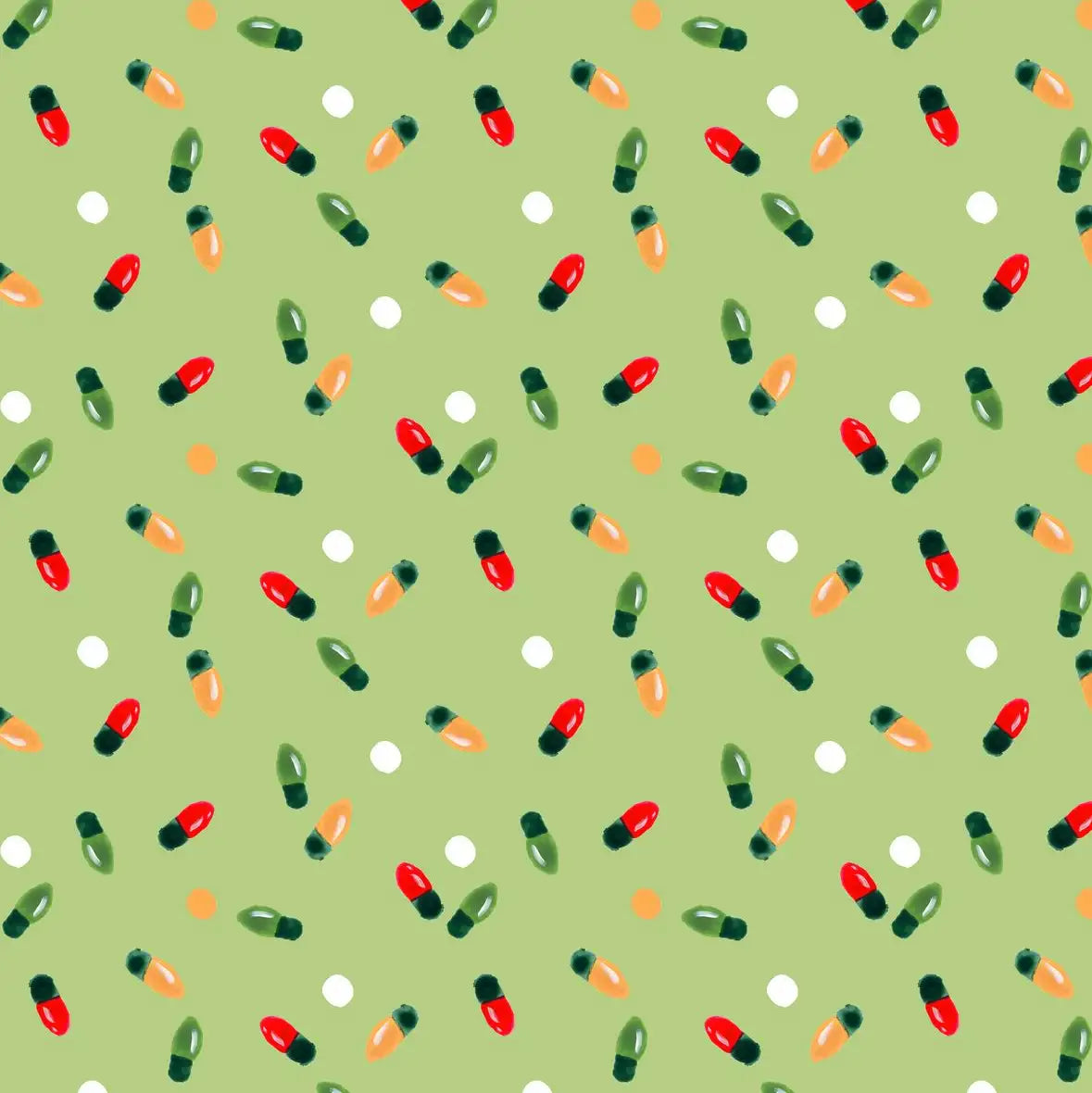 Christmas Lights Scatter Pattern on Sage Green Wall Art, held for scale