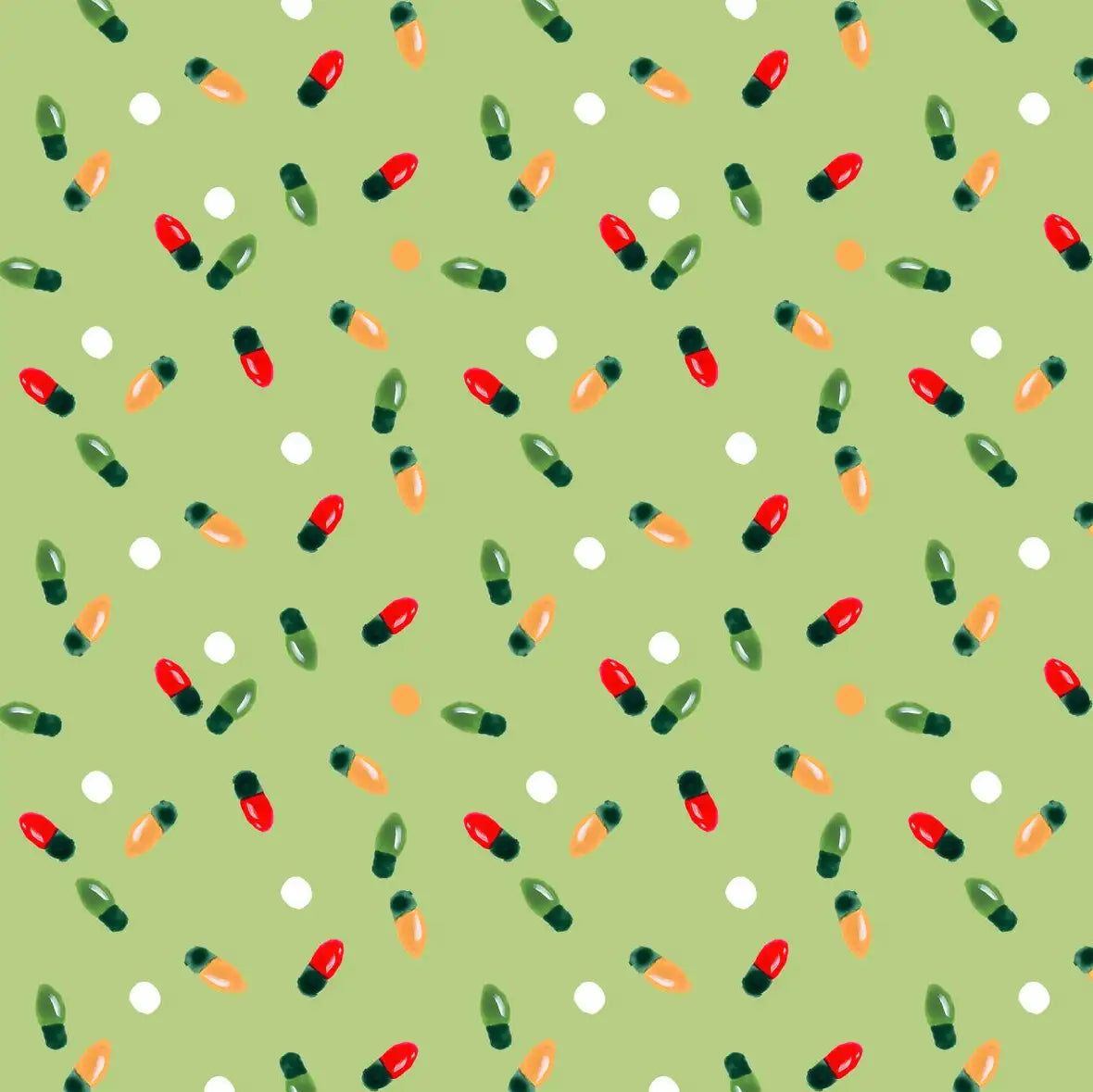 Christmas Lights Scatter Pattern on Sage Green Wall Art, single panel view