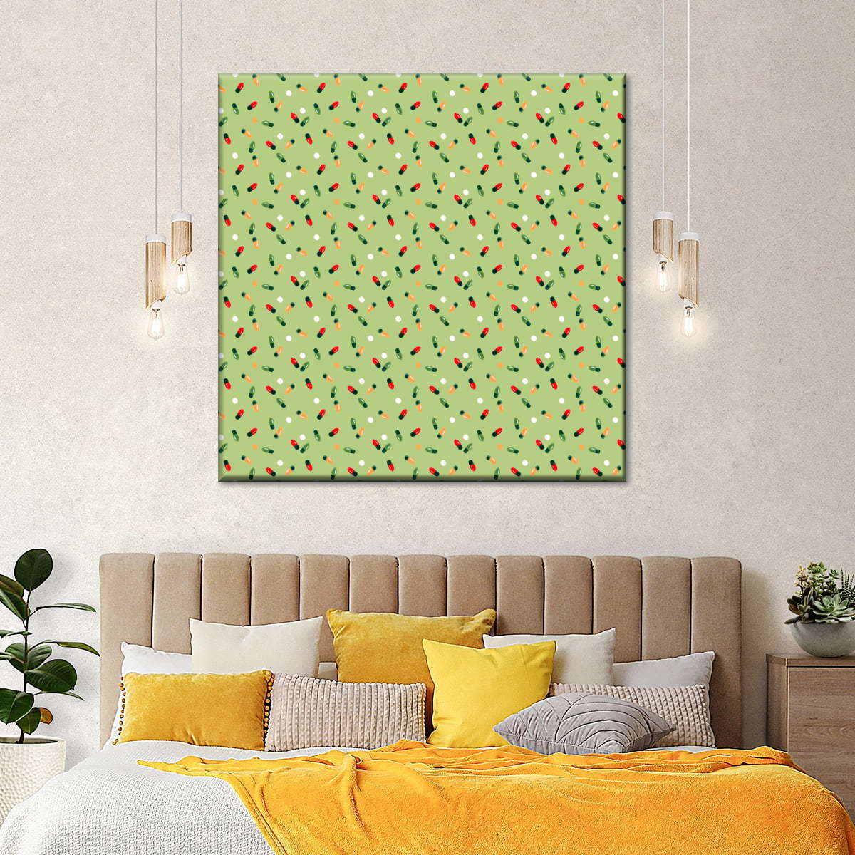 Christmas Lights Scatter Pattern on Sage Green Wall Art, styled in a bedroom