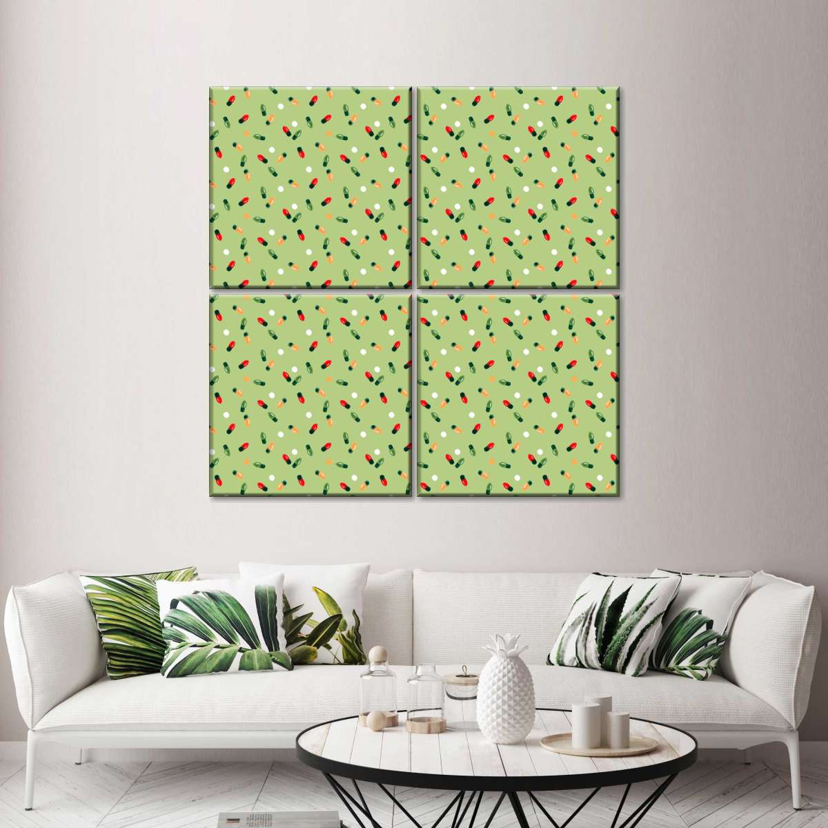 Christmas Lights Scatter Pattern on Sage Green Wall Art, styled in a living room