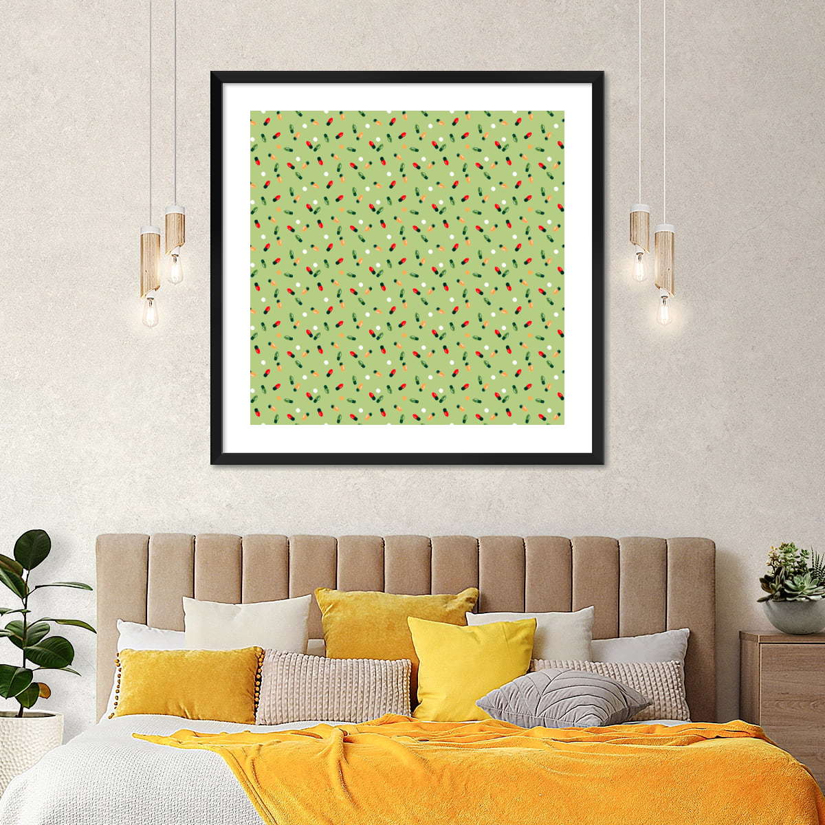 Christmas Lights Scatter Pattern on Sage Green Wall Art, styled above a sofa