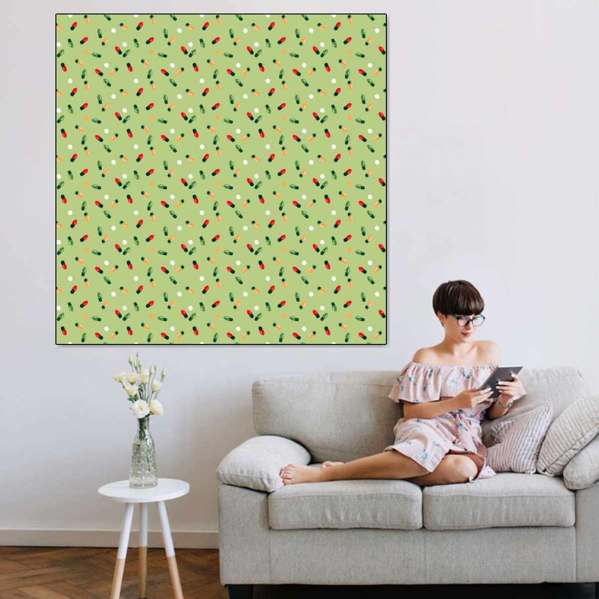 Christmas Lights Scatter Pattern on Sage Green Wall Art, framed view