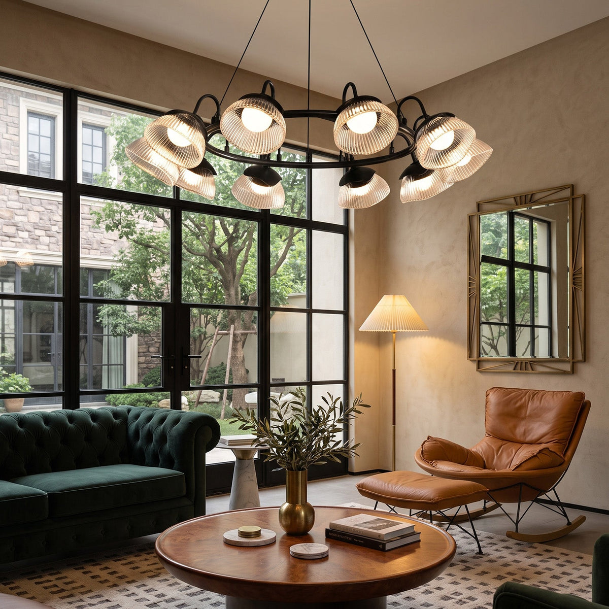 Coronis Fluted Glass LED Chandelier, second lit in a styled room