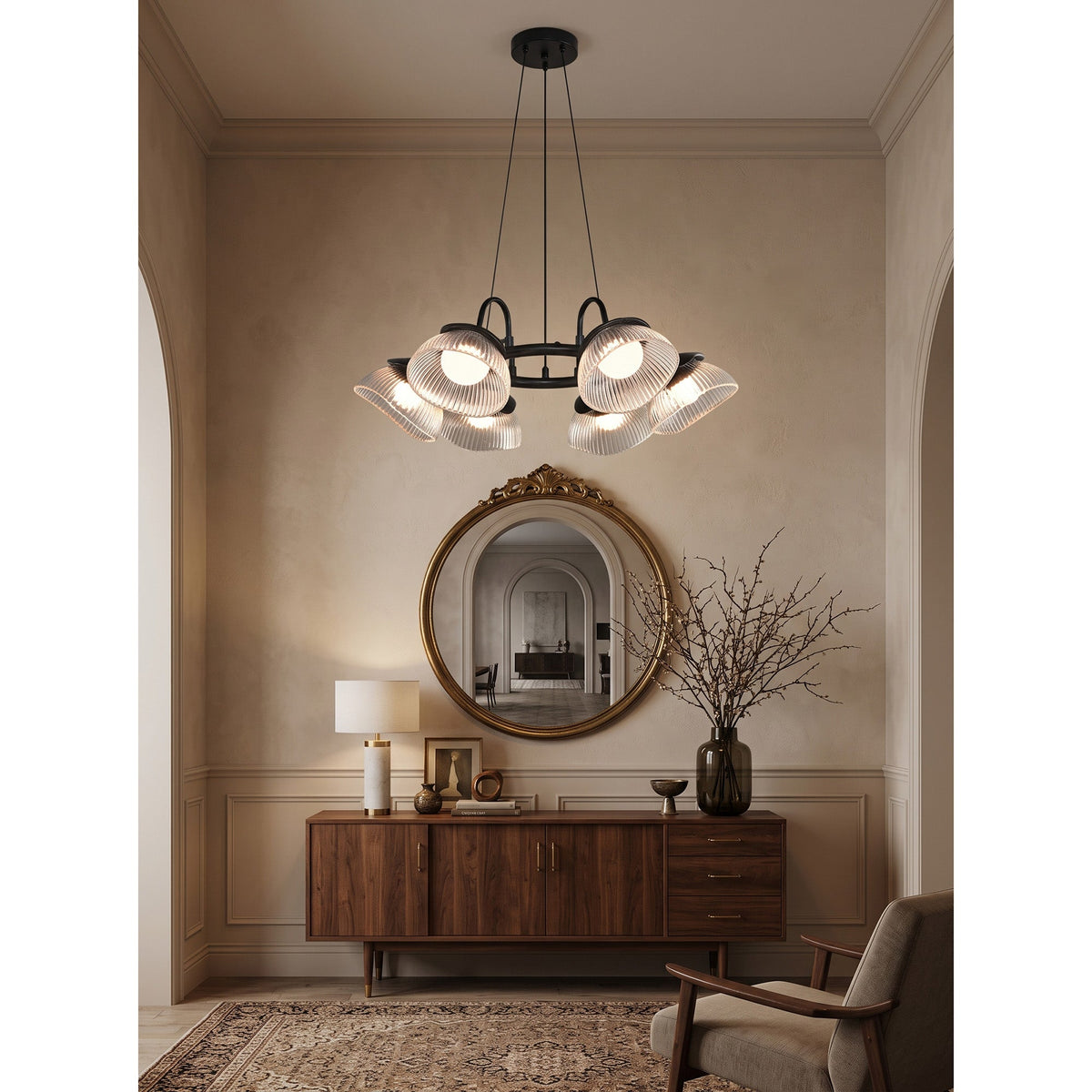 Coronis Fluted Glass LED Chandelier, second full fixture view