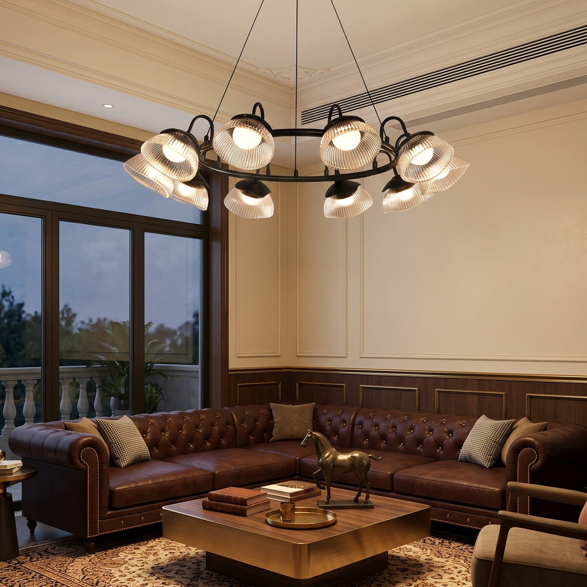 Coronis Fluted Glass LED Chandelier, hung above a dining table