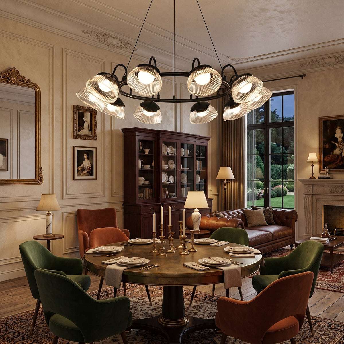 Coronis Fluted Glass LED Chandelier, scale against a ceiling