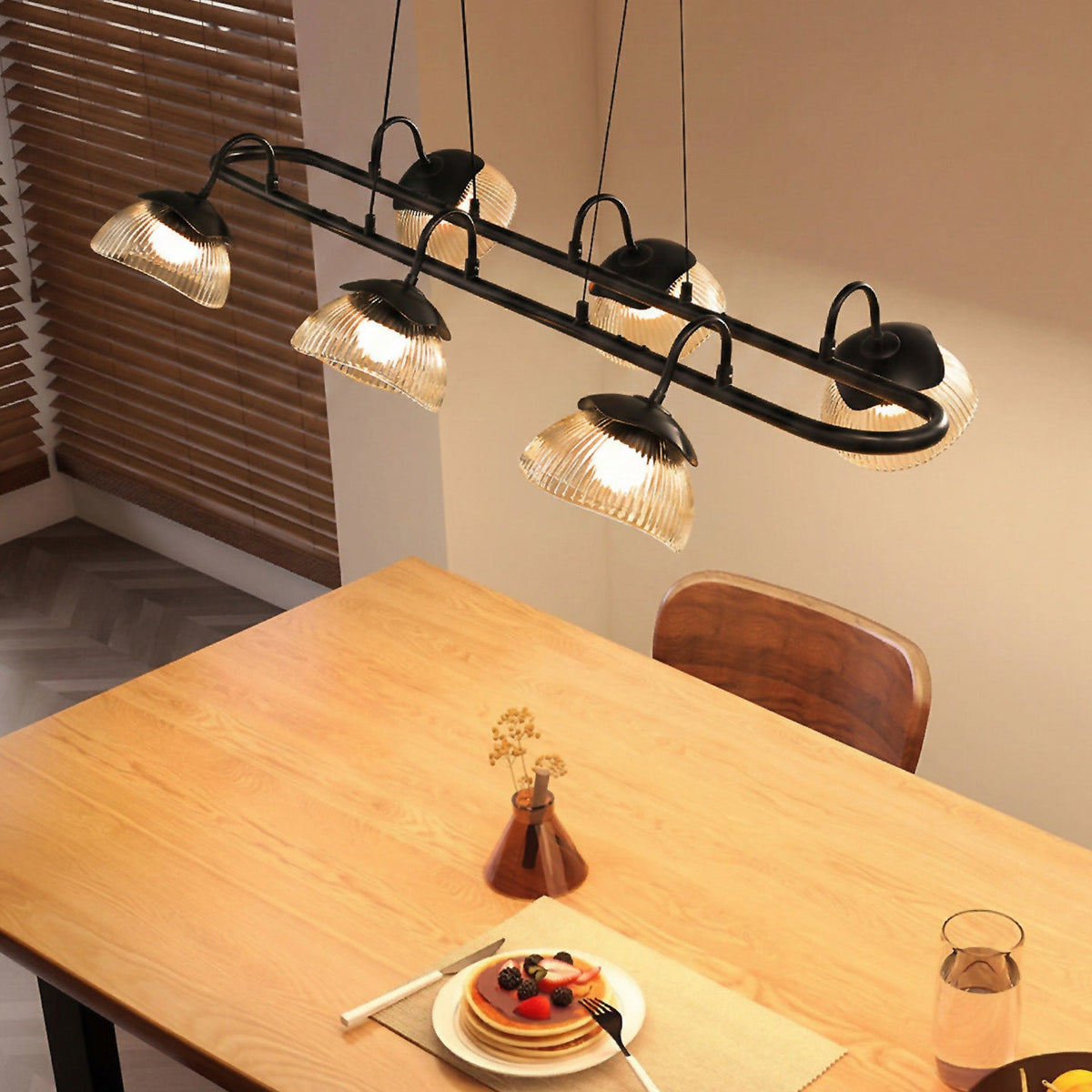 Coronis Linear Fluted Glass LED Chandelier, angled three quarter view