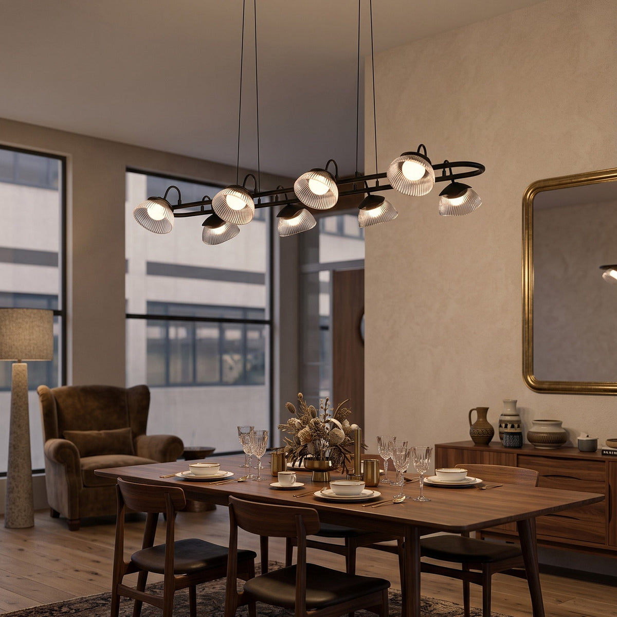 Coronis Linear Fluted Glass LED Chandelier, second full fixture view