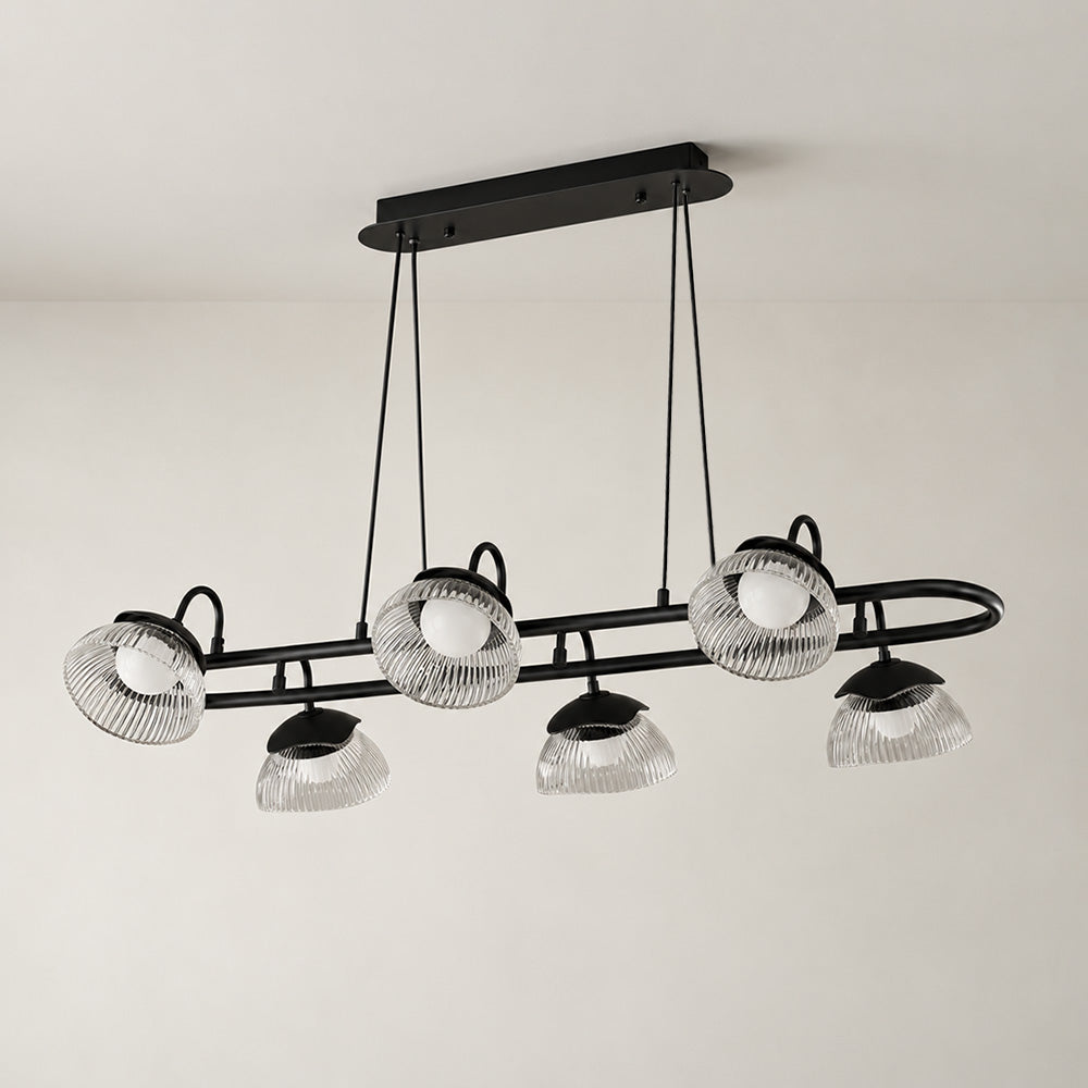 Coronis Linear Fluted Glass LED Chandelier, second scale against a ceiling