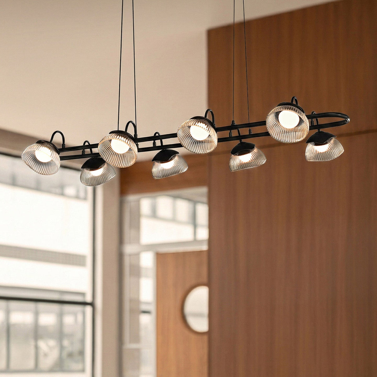 Coronis Linear Fluted Glass LED Chandelier, full fixture from the front