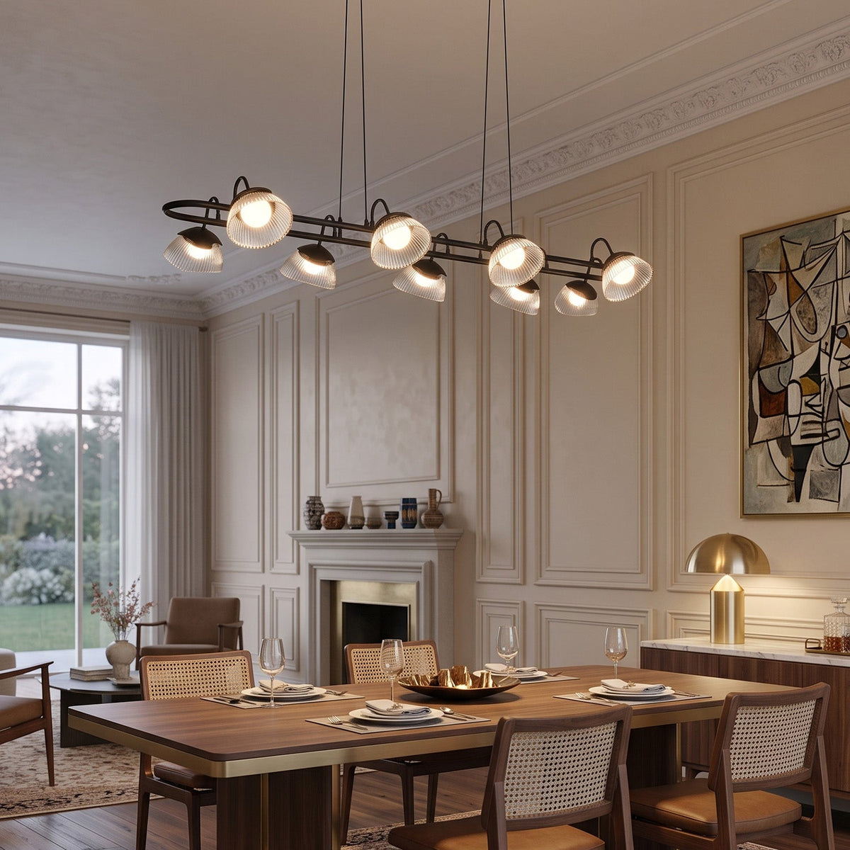 Coronis Linear Fluted Glass LED Chandelier, canopy and stem detail