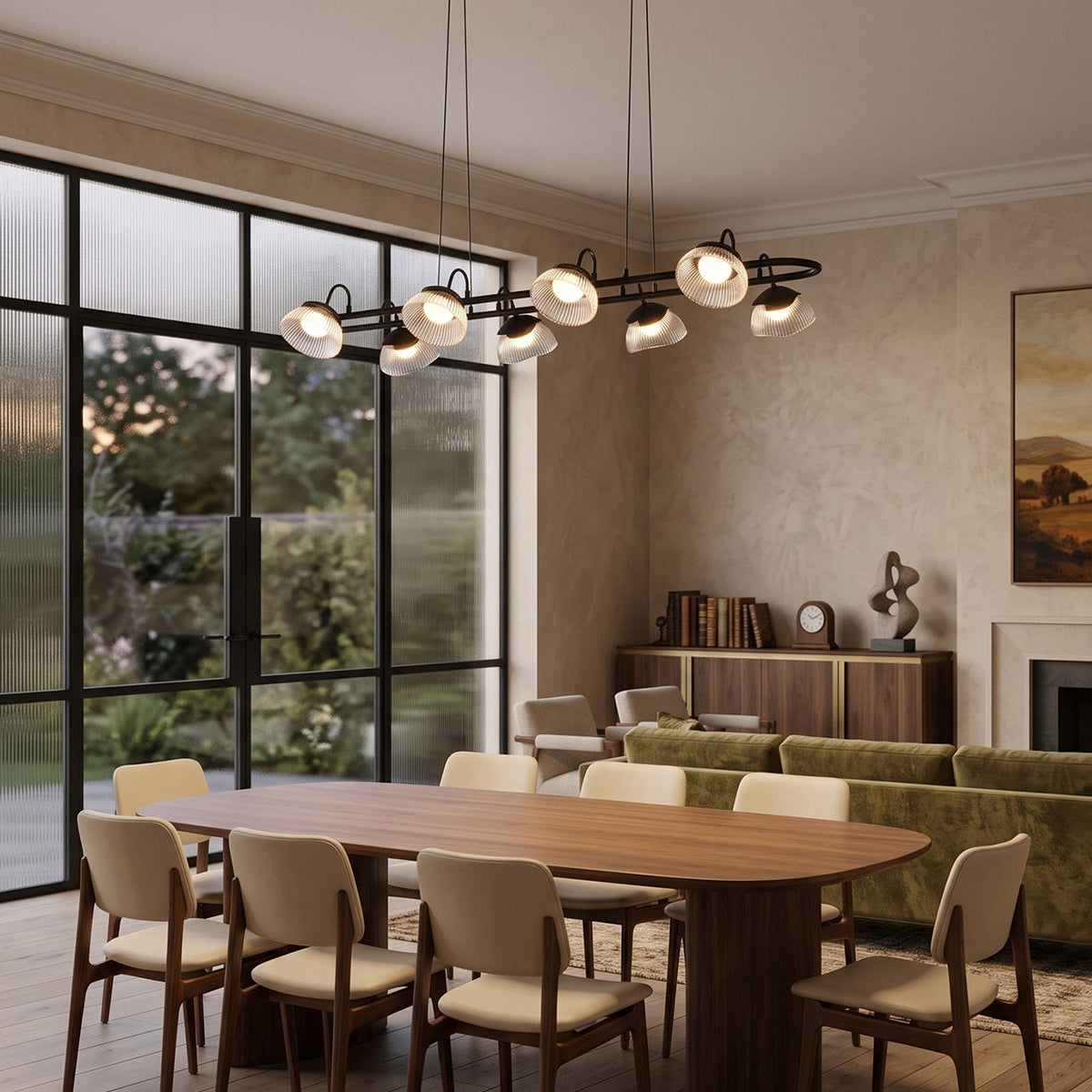 Coronis Linear Fluted Glass LED Chandelier, hung above a dining table
