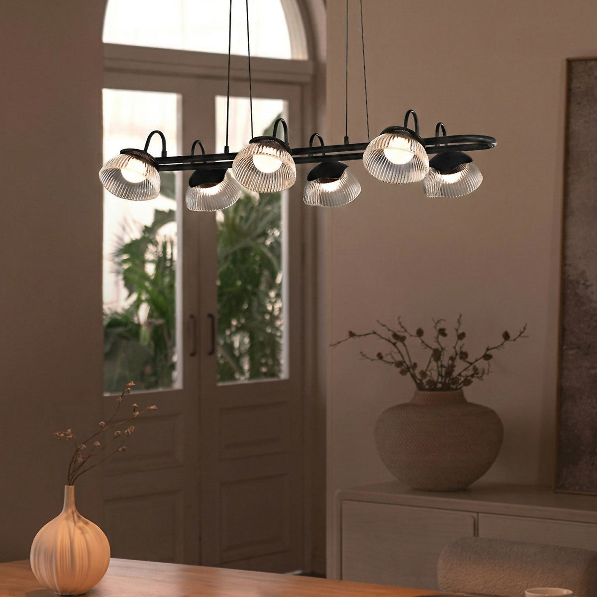 Coronis Linear Fluted Glass LED Chandelier, scale against a ceiling