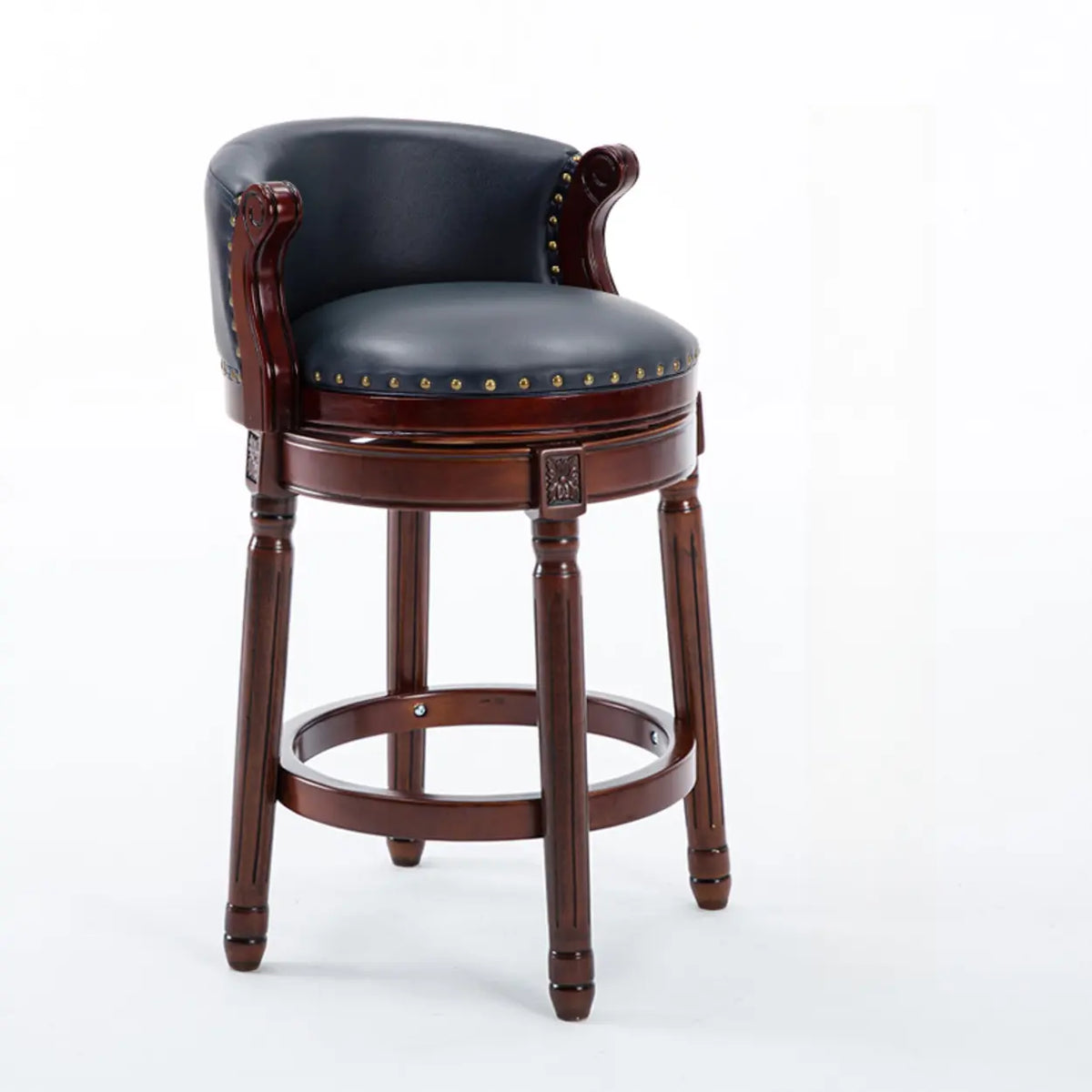 Cow Leather Wingback Swivel Wood Bar Stool with Nailhead Trim