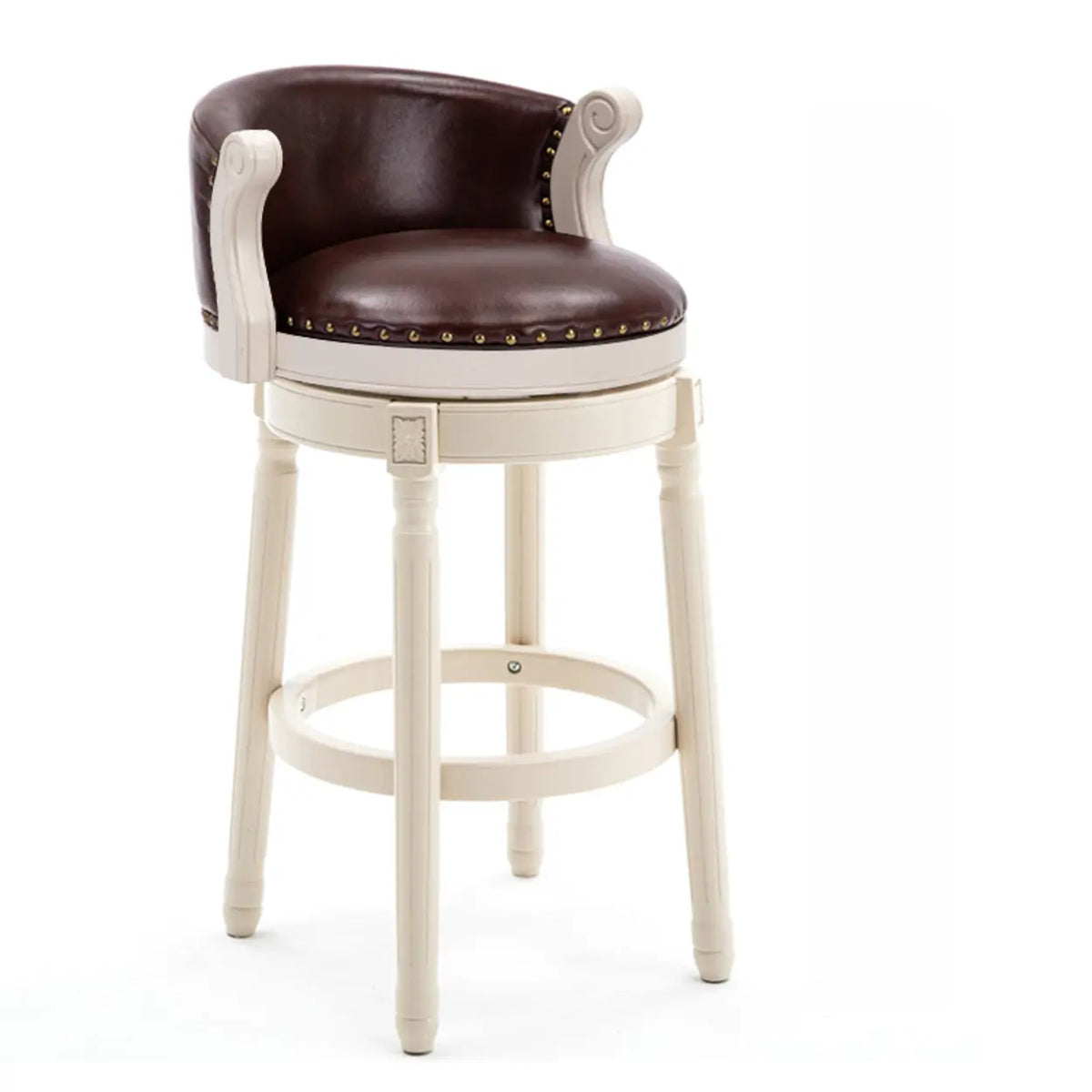 Cow Leather Wingback Swivel Wood Bar Stool with Nailhead Trim