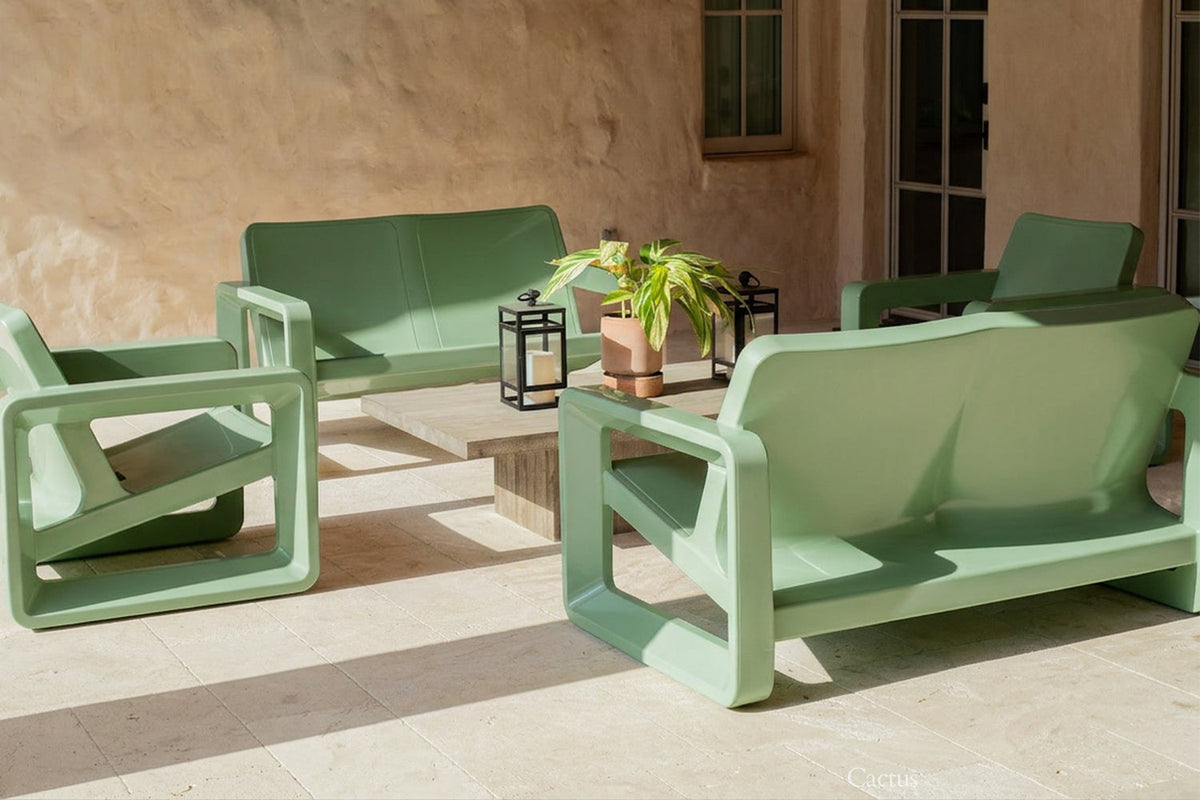Deck Outdoor Loveseat, cactus, styled in a real room