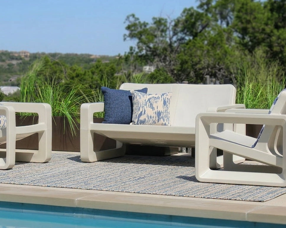 Deck Outdoor Loveseat, ivory, styled in a real room