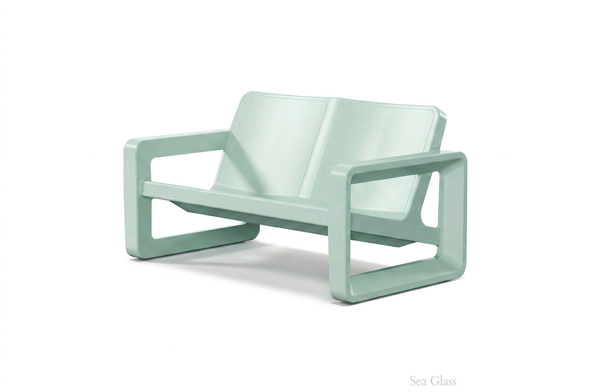 Deck Outdoor Loveseat, sea glass, styled with cushions