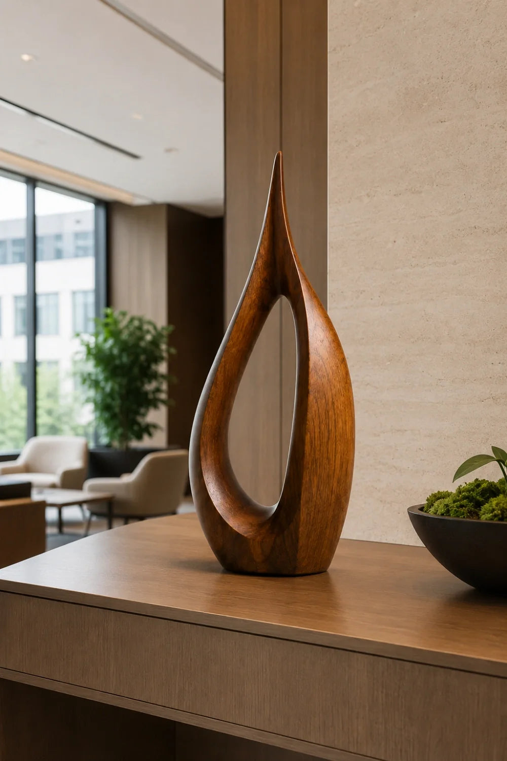 Drift Abstract Wood Sculpture, held for scale