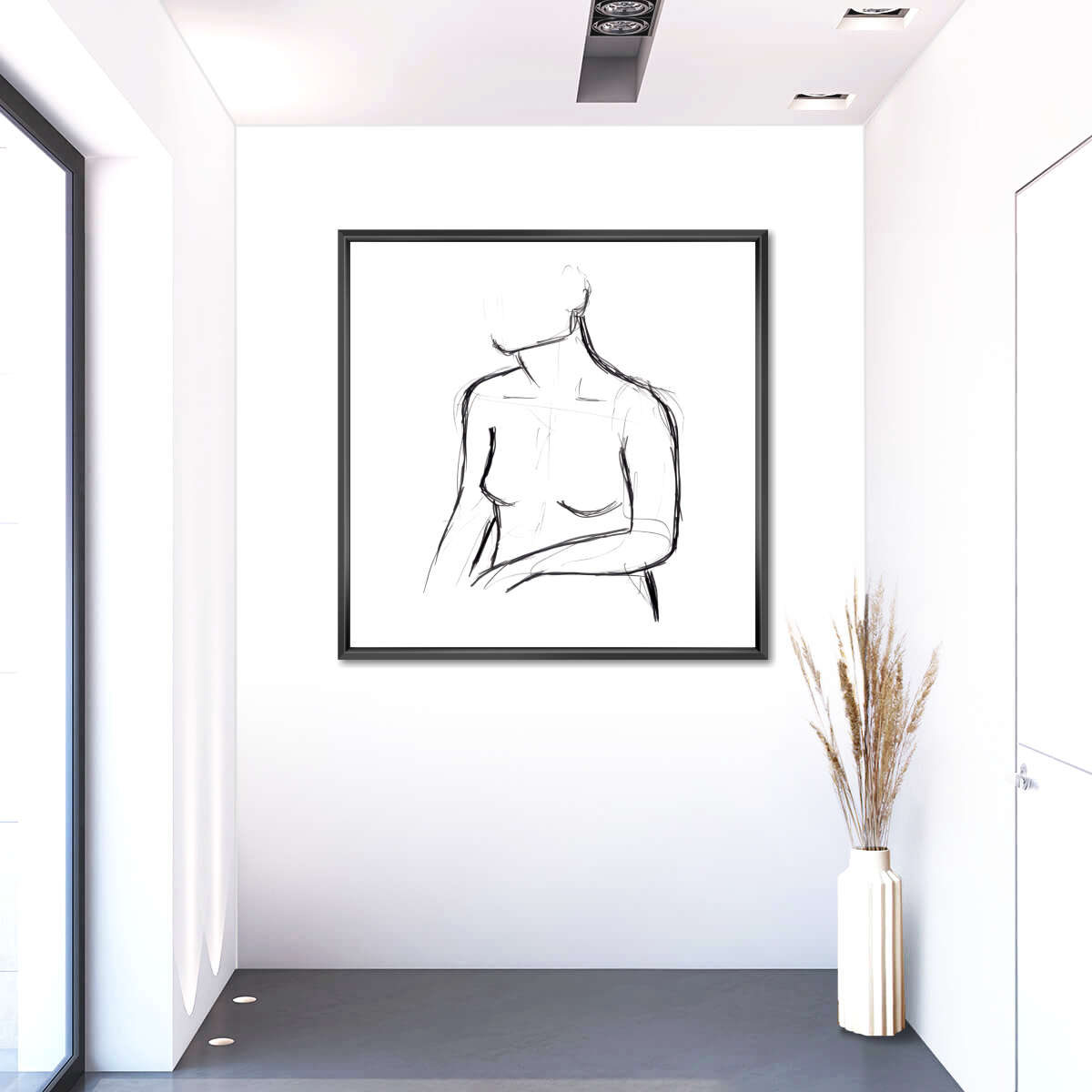 Female Torso Sketch Wall Art, styled above a sofa