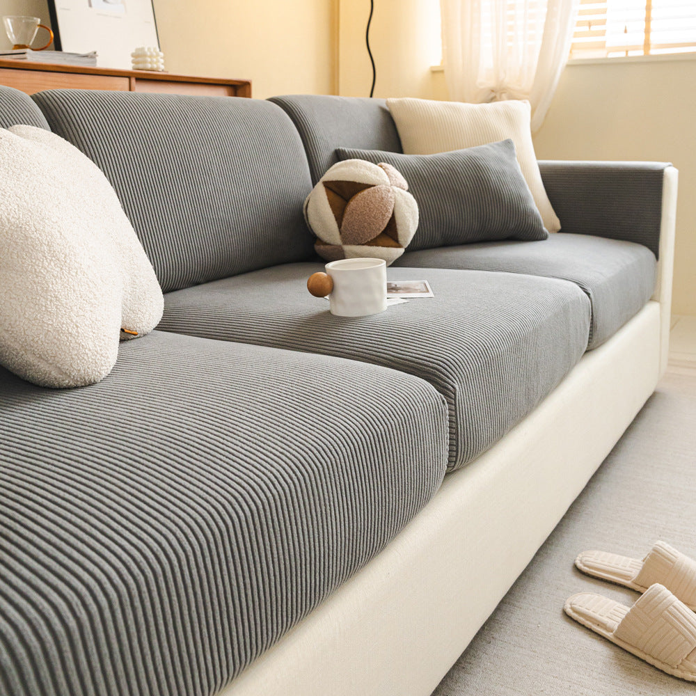 Fine-Ribbed Corduroy Sofa Slipcover, full flat lay view