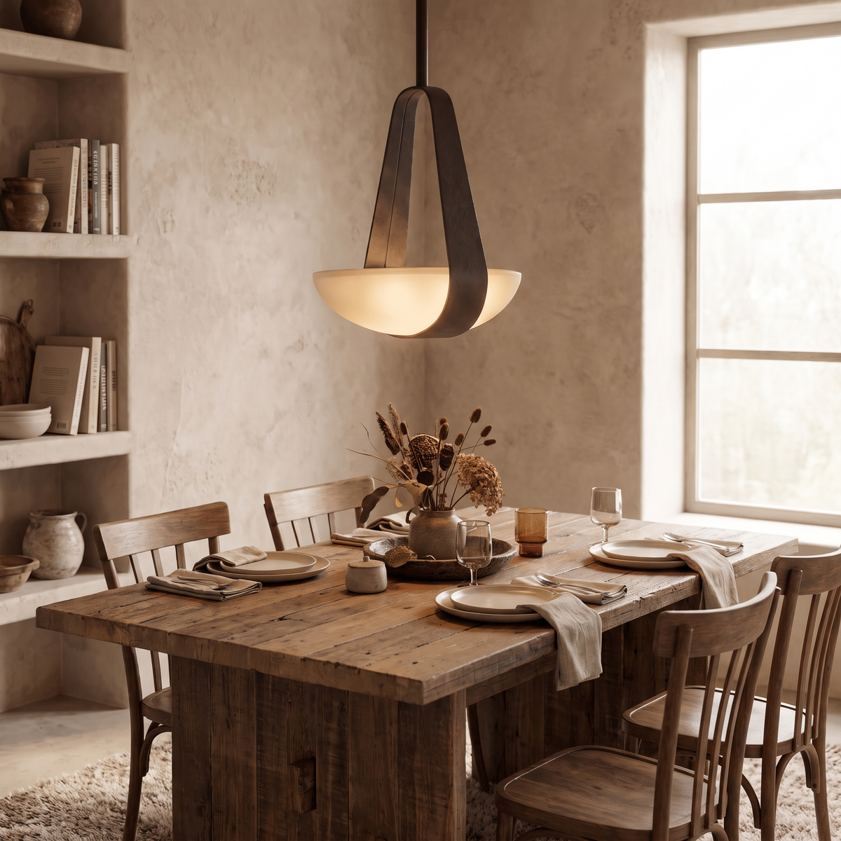 Fune Metal Pendant Light, lit and hanging in a styled room