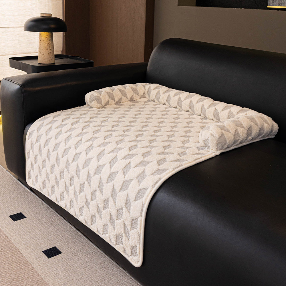 Geometric Diamond Plush Bolster Pet Sofa Bed, grey finish