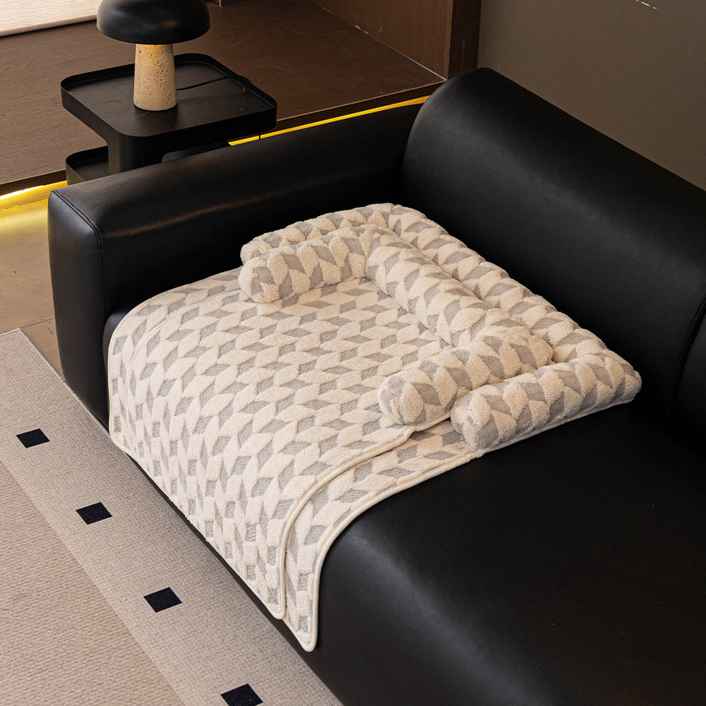 Geometric Diamond Plush Bolster Pet Sofa Bed, styled in a living room