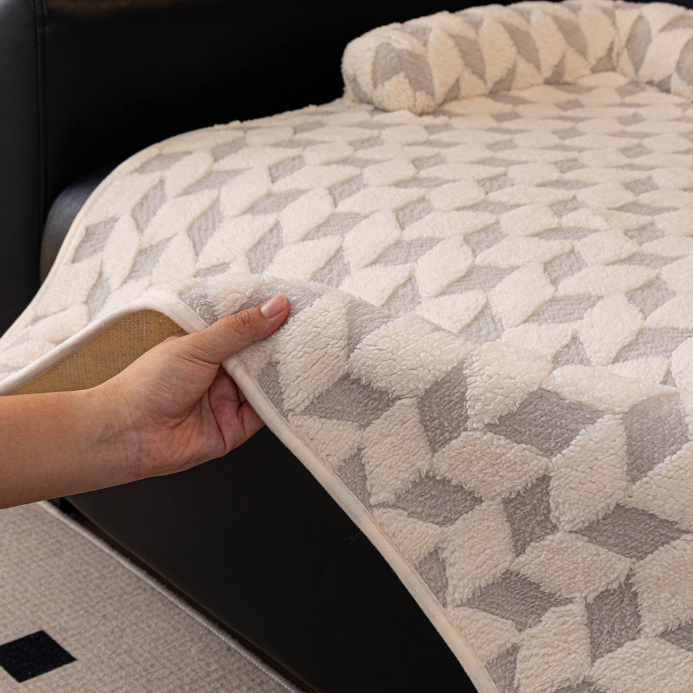 Geometric Diamond Plush Bolster Pet Sofa Bed, plush surface texture close up