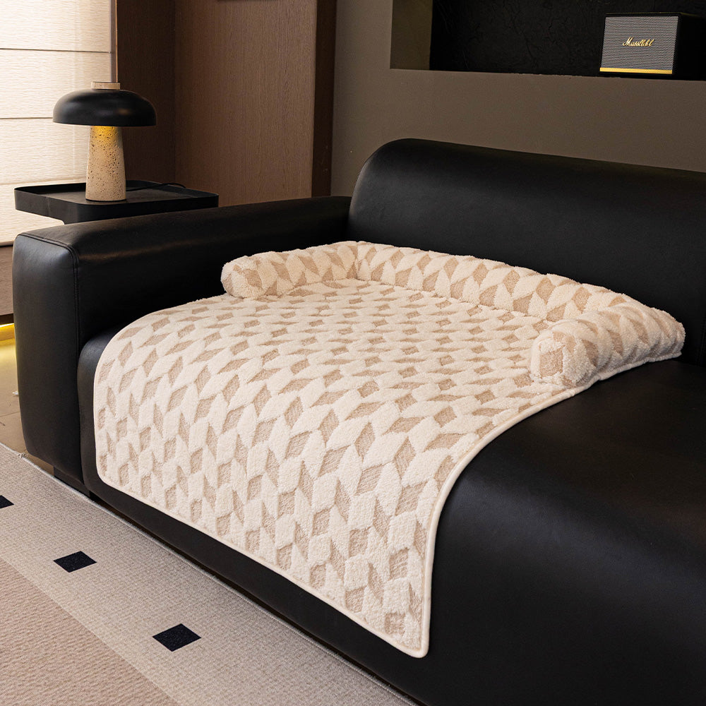 Geometric Diamond Plush Bolster Pet Sofa Bed, beige finish