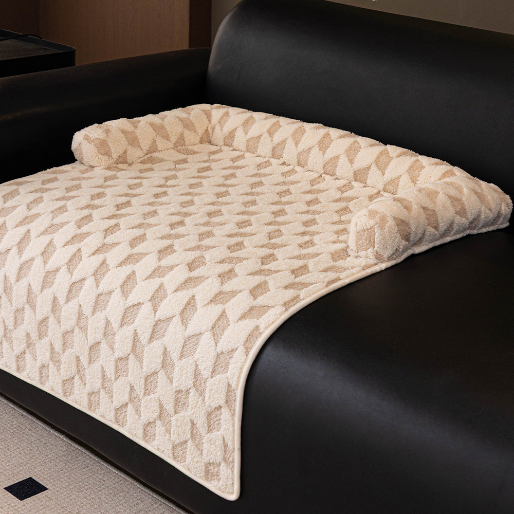 Geometric Diamond Plush Bolster Pet Sofa Bed, top down view