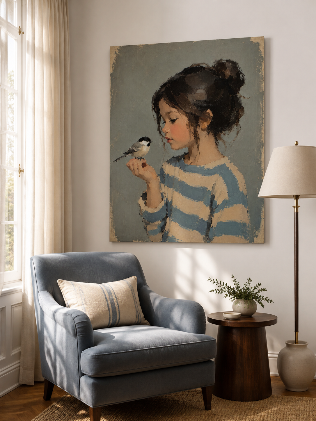 Girl and Bird Portrait Canvas Art, framed and hung on a wall
