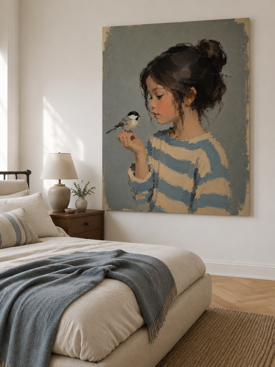 Girl and Bird Portrait Canvas Art, brush and texture close up