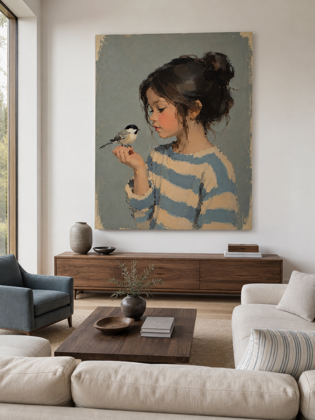 Girl and Bird Portrait Canvas Art, styled above a sofa