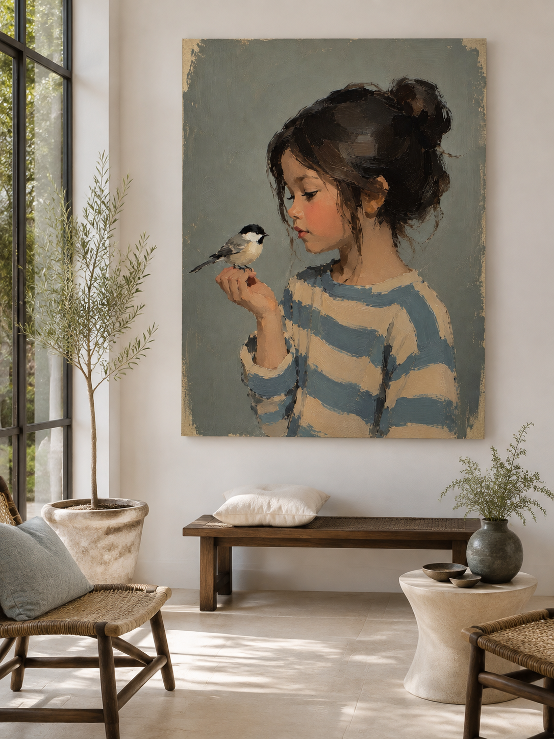 Girl and Bird Portrait Canvas Art, corner and edge detail