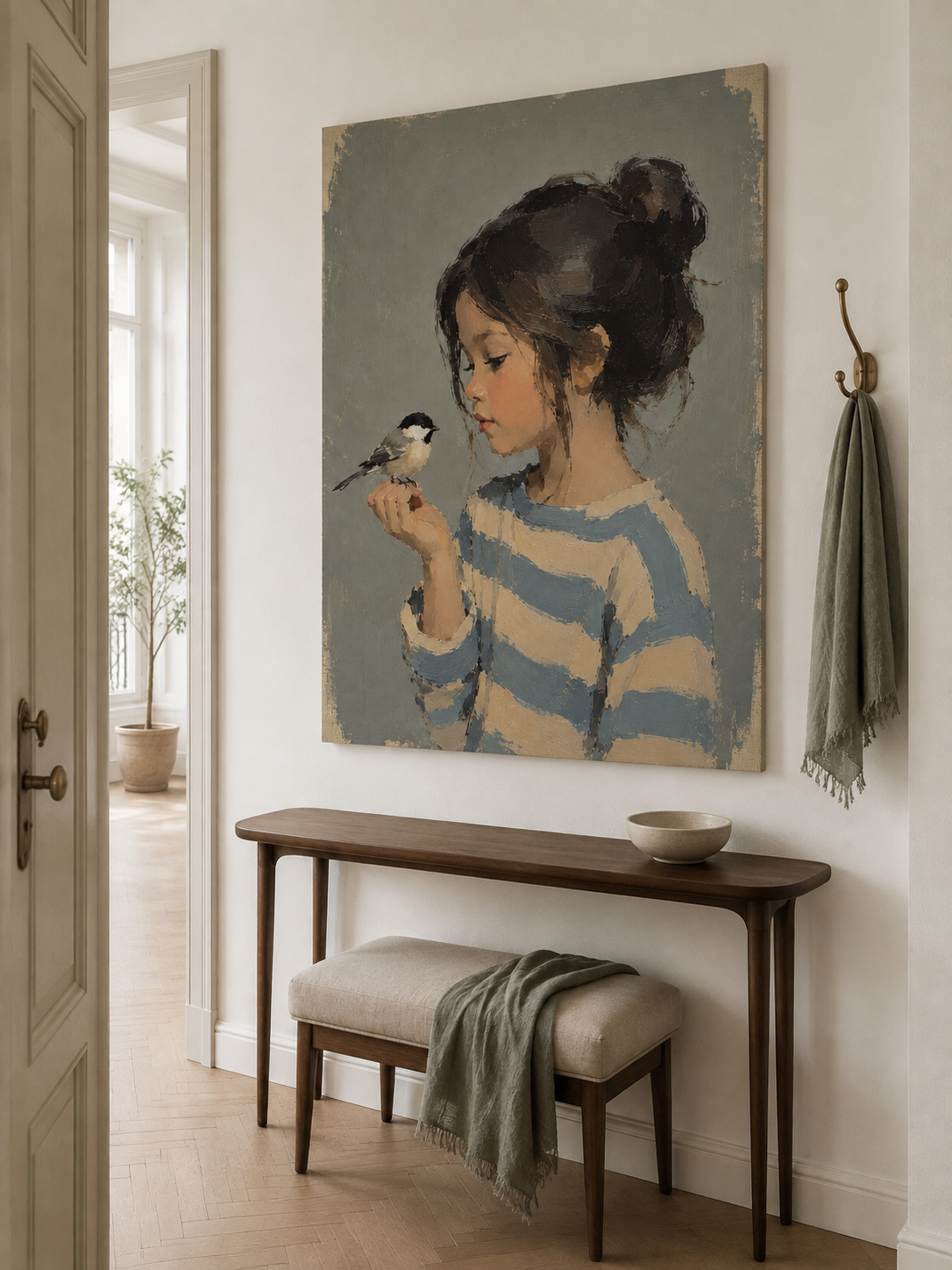 Girl and Bird Portrait Canvas Art, scale in a living room