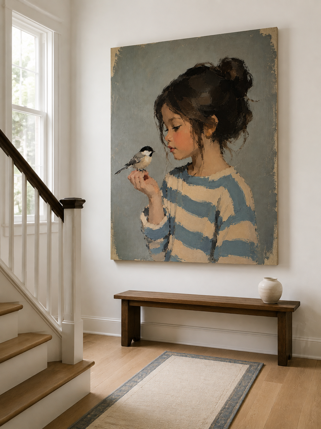 Girl and Bird Portrait Canvas Art, styled in a hallway