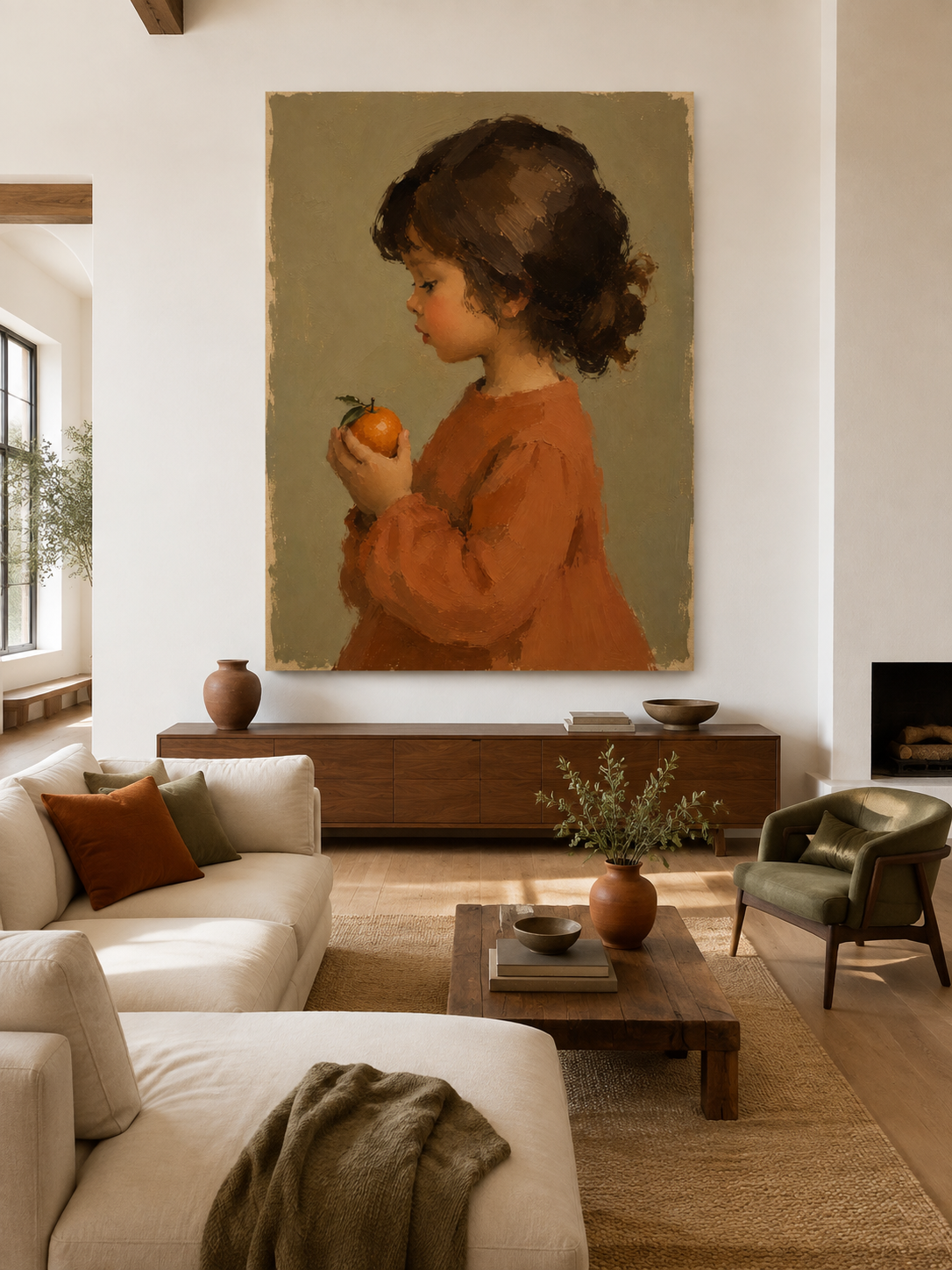 Girl in Terracotta with Orange Canvas Art, styled above a sofa