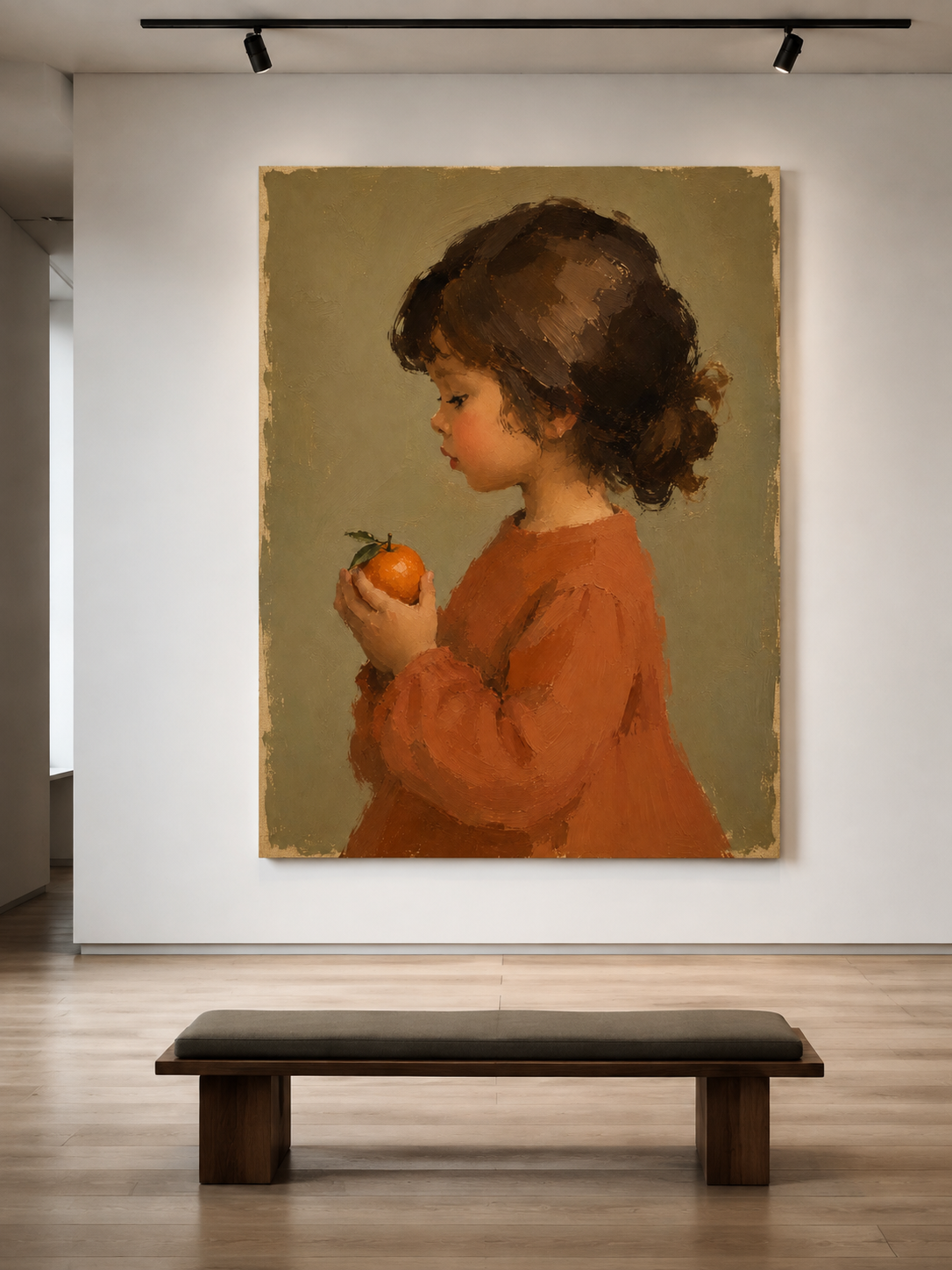 Girl in Terracotta with Orange Canvas Art, styled in a hallway
