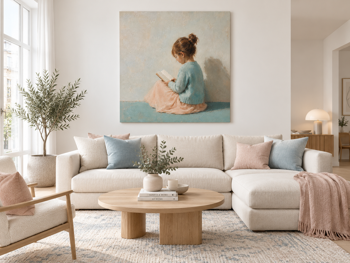 Girl Reading in Blue Canvas Art, framed and hung on a wall