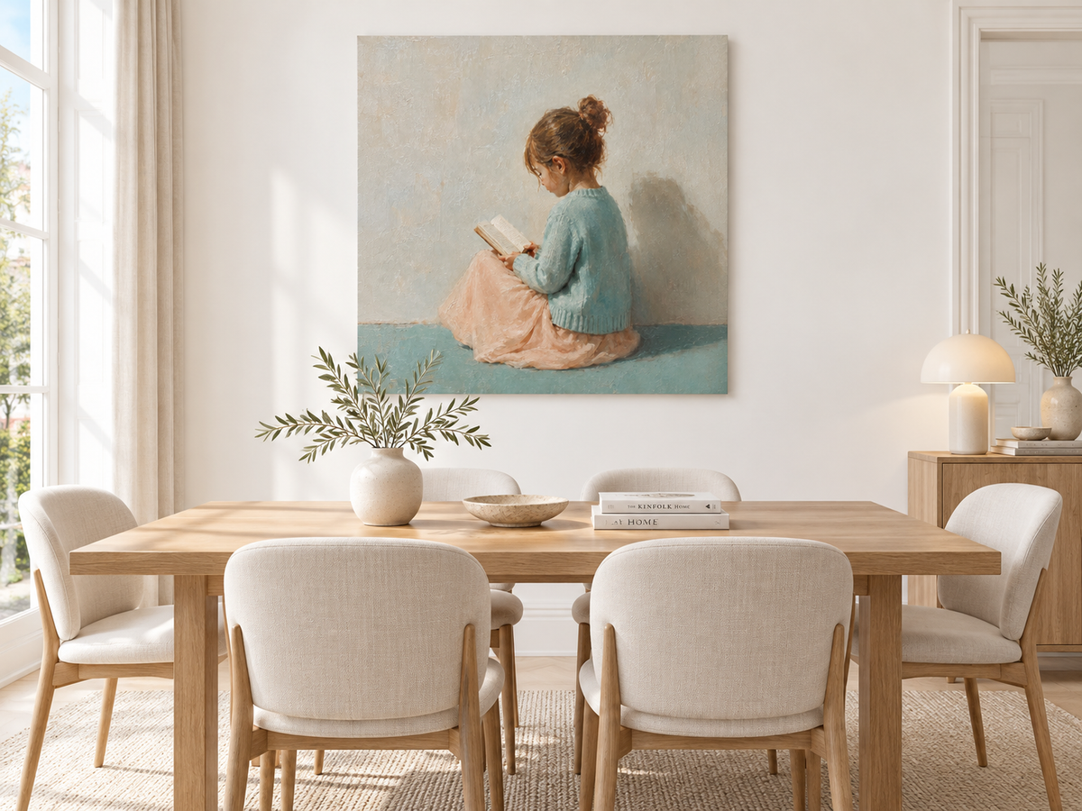 Girl Reading in Blue Canvas Art, brush and texture close up