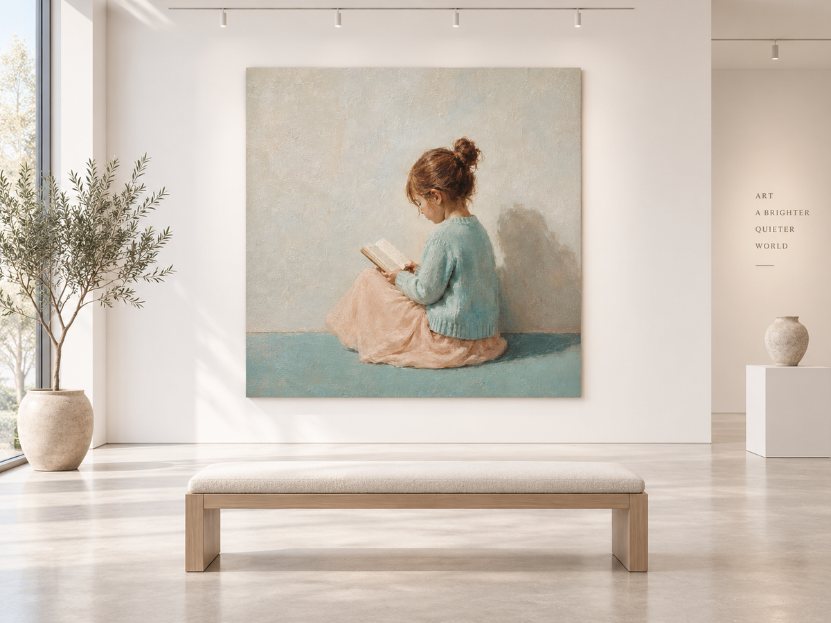 Girl Reading in Blue Canvas Art, styled above a sofa